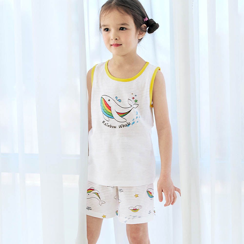 透氣條紋提花棉無袖家居服-彩虹鯨魚