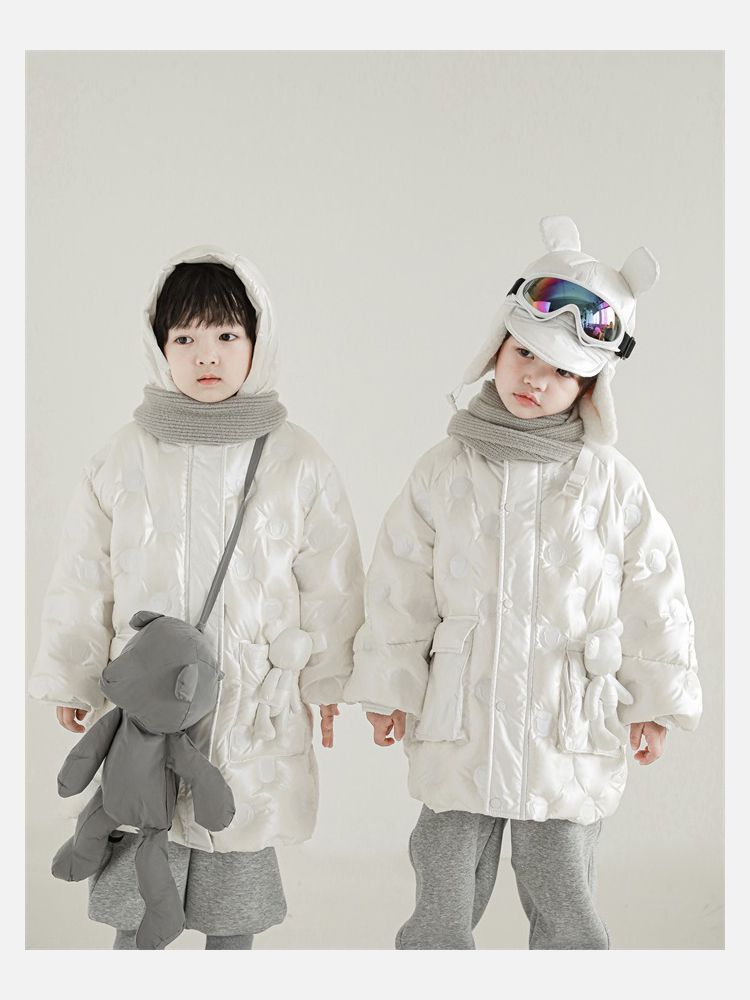 TONGMO - (90%鴨絨)可拆卸太空感立領羽絨外套-熊熊-米白色