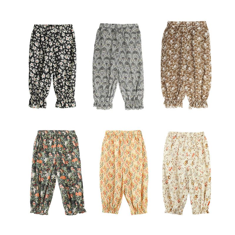 荷葉邊束口防蚊褲-滿版花花-黃色