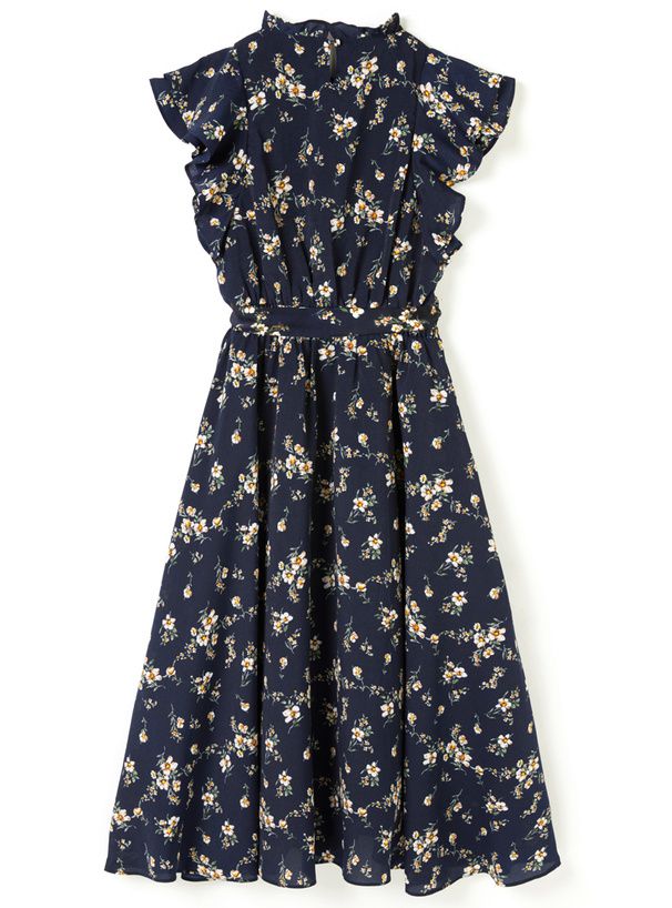 日本 GRL - 清新小碎花飛飛袖綁帶雪紡洋裝-深藍