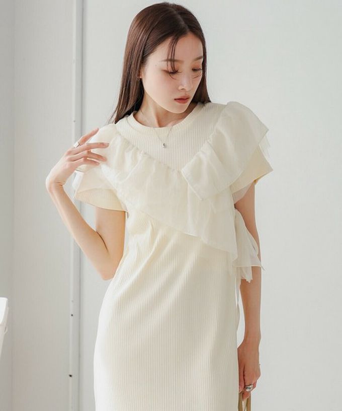 日本 Bab - 不對稱交叉薄紗拼接短袖洋裝-淺灰