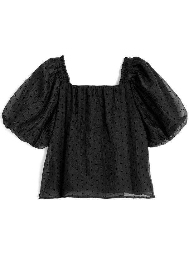 日本 GRL - 法式方領點點泡泡袖上衣-石墨灰 (M)