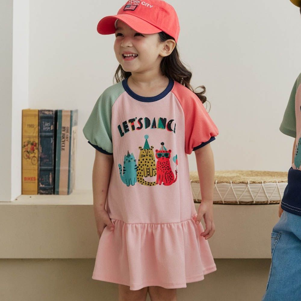 派對豹喵撞色拼接短袖洋裝-粉