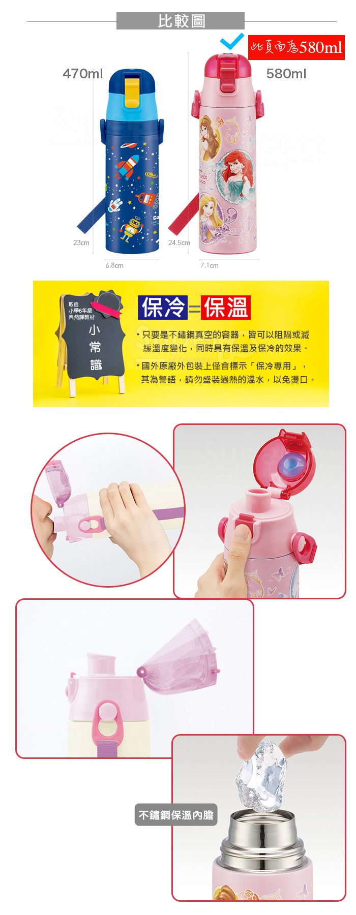 日本 SKATER - 兒童不鏽鋼(580ml)直飲保溫水壺-迪士尼公主