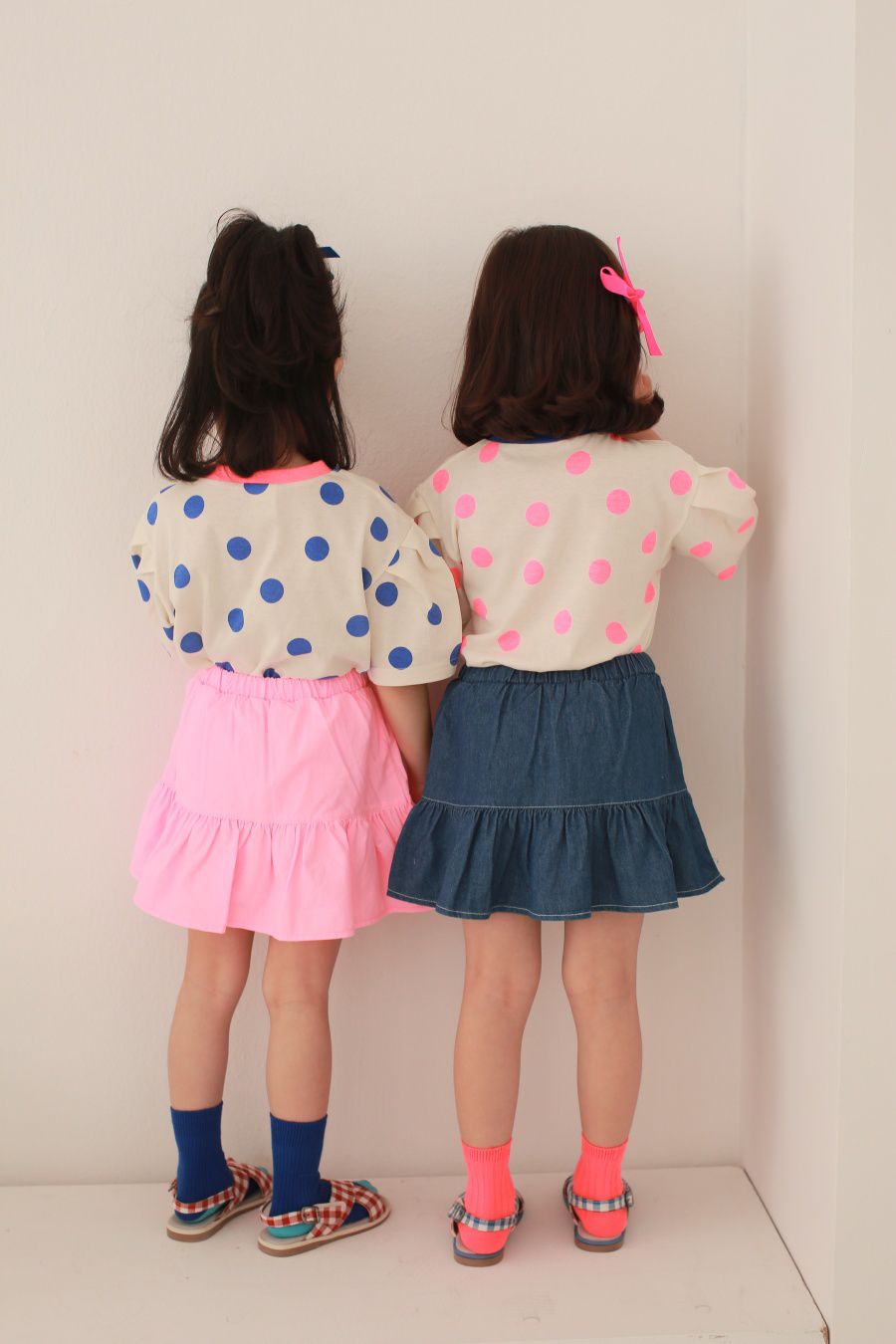 韓國 Dalla - 波點泡泡袖純棉T-粉紅波點