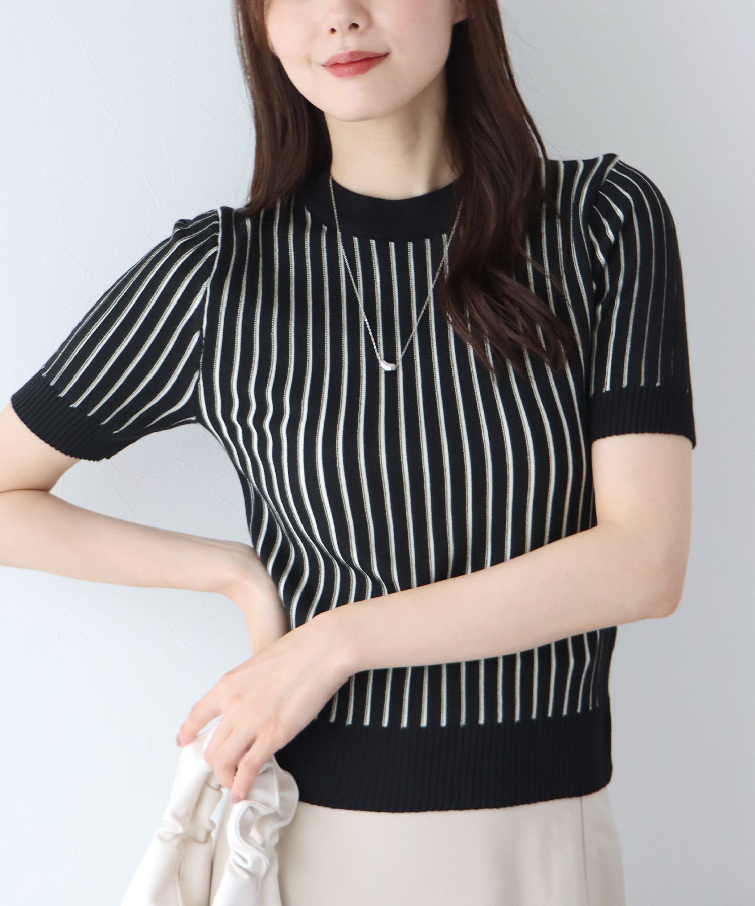 日本 BLUE EAST - 彈性寬羅紋薄針織短袖上衣-淺粉x白