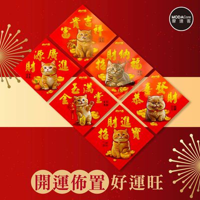 MODACore 摩達客 - 台灣製MIT萌貓招財新年開運斗方春聯(12入一組/6款2入)