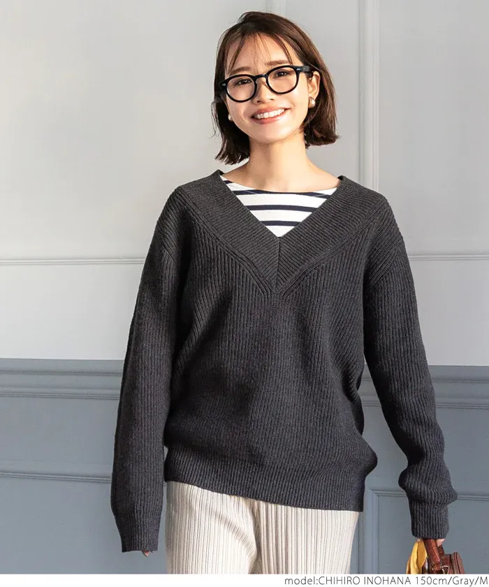 日本 COCA - 文藝V領羅紋針織毛衣-芥黃