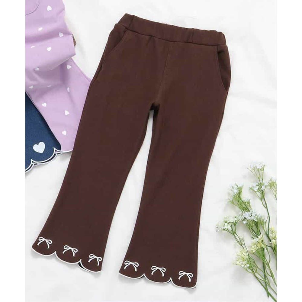 絕美花瓣刺繡直筒長褲-蝴蝶結-深棕