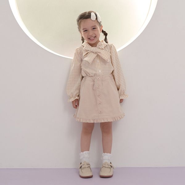 日本 Lycee mine - 大蝴蝶結優雅糖果袖襯衫-格子-卡其