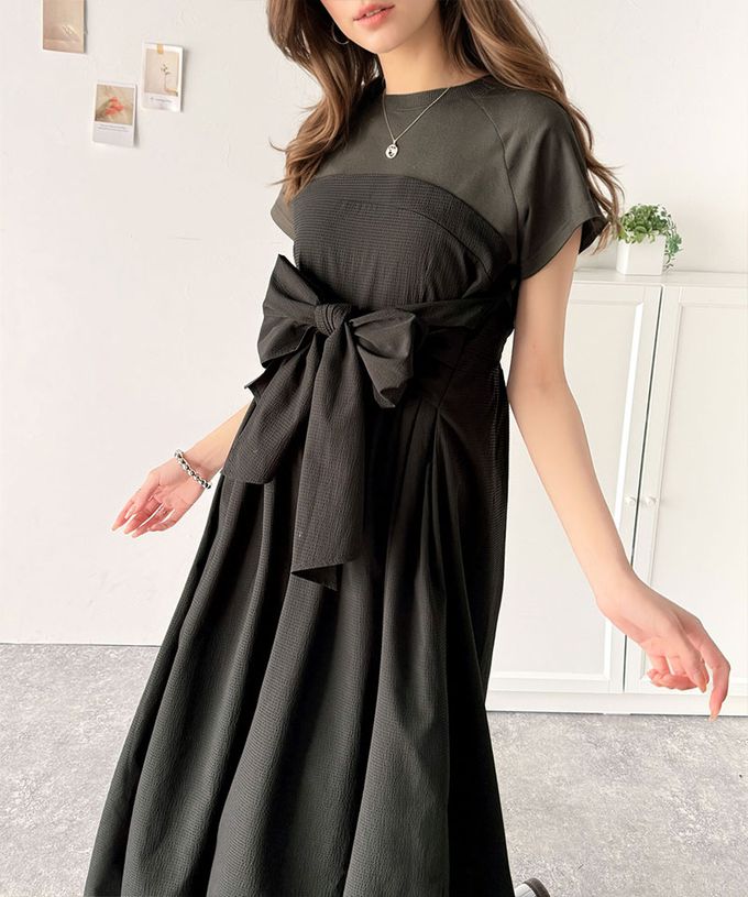 日本 Classical Elf - 綁帶2way清爽拼接感短袖洋裝-白x黑