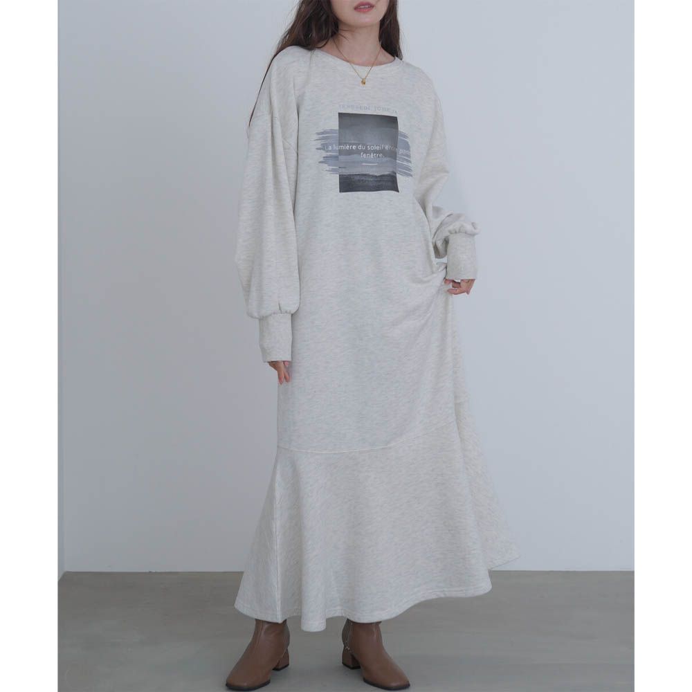 前後2way魚尾下擺休閒印花長袖洋裝-淺灰