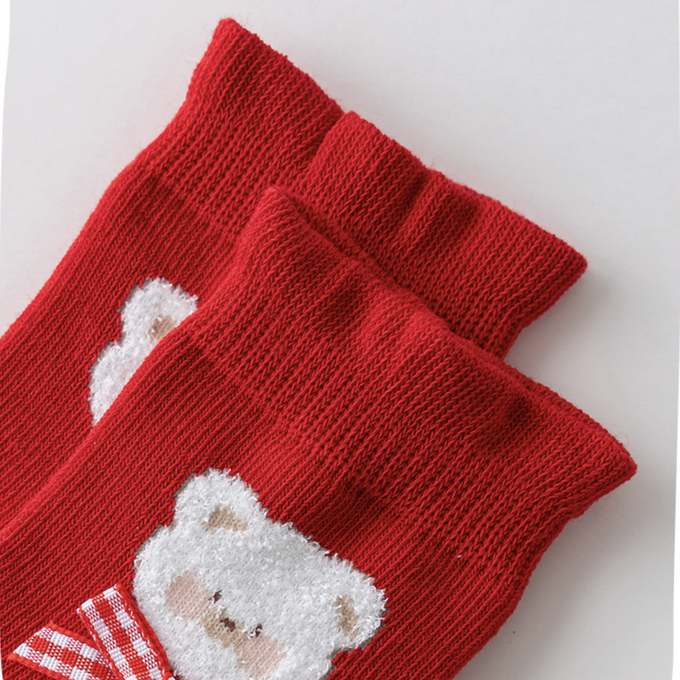 love, charlotte - 秋冬紅色卡通小熊可愛中筒棉襪-5 雙一組