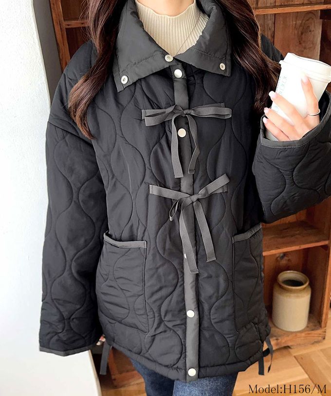 日本 Classical Elf - mily bilet 甜美配色絲帶翻領科技羽絨外套-粉白