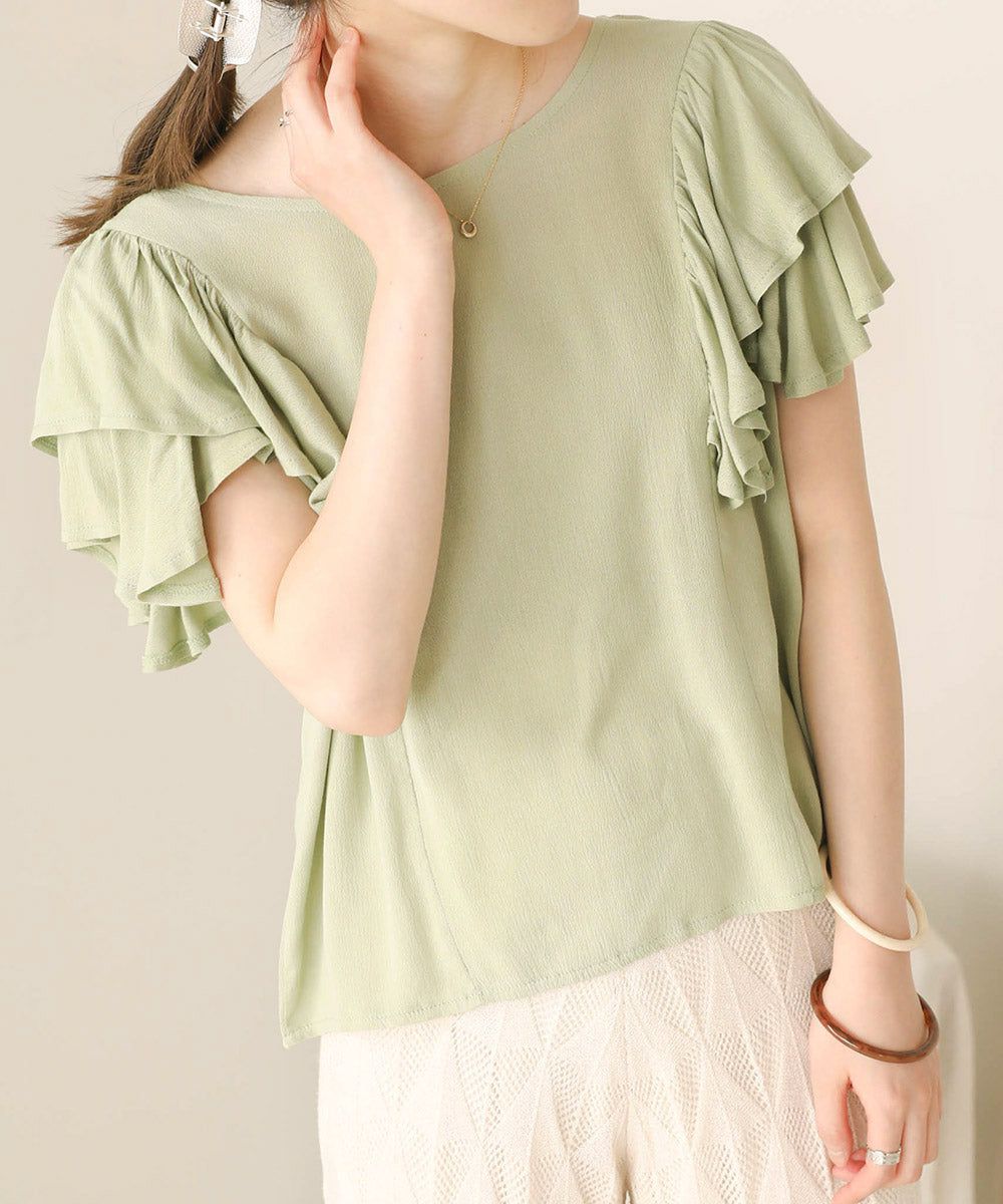 日本 Bab - 後綁帶浪漫荷葉袖上衣-淺綠