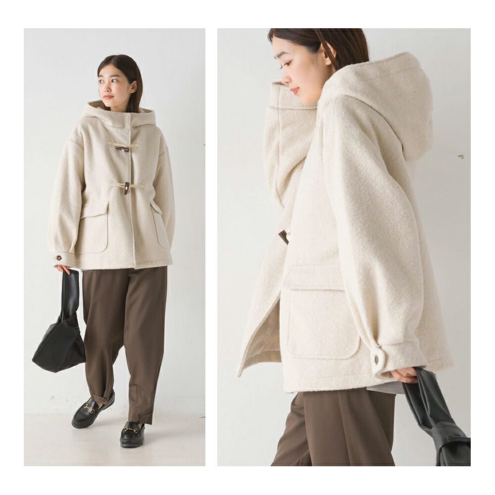 日本 OMNES - 文藝感牛角扣短版連帽大衣-米杏