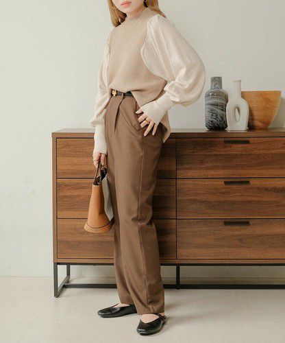 日本 Bou Jeloud - 細針織拼接泡泡袖上衣-淺卡其