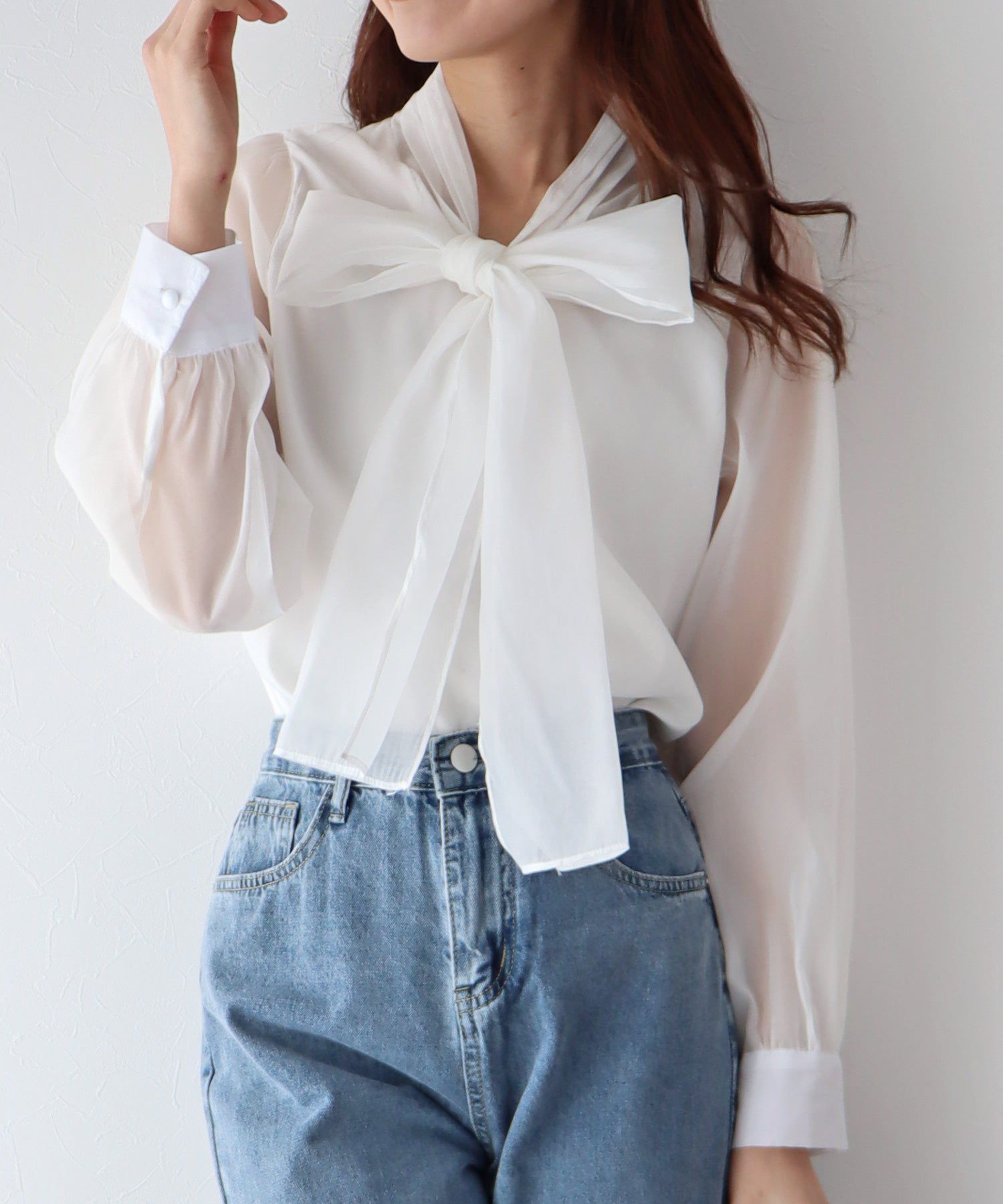 日本 BLUE EAST - 浪漫歐根紗蝴蝶結長袖上衣-黑