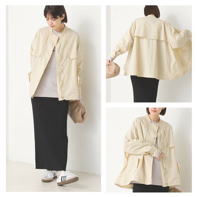 日本 OMNES - 潑水加工 輕量尼龍抽繩造型圓領外套-水藍