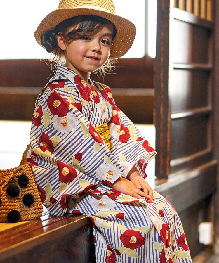 日本 apres les cours - 華麗腰帶風純棉二件式浴衣-椿花-紅藍條紋