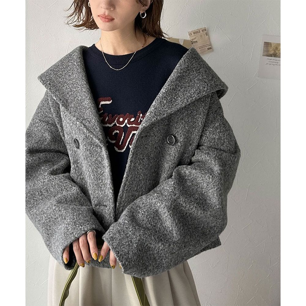 注目大翻領優雅毛呢感大衣外套-灰
