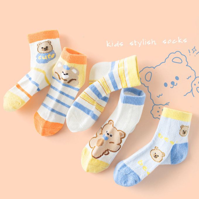 小熊條紋網眼短筒棉襪
