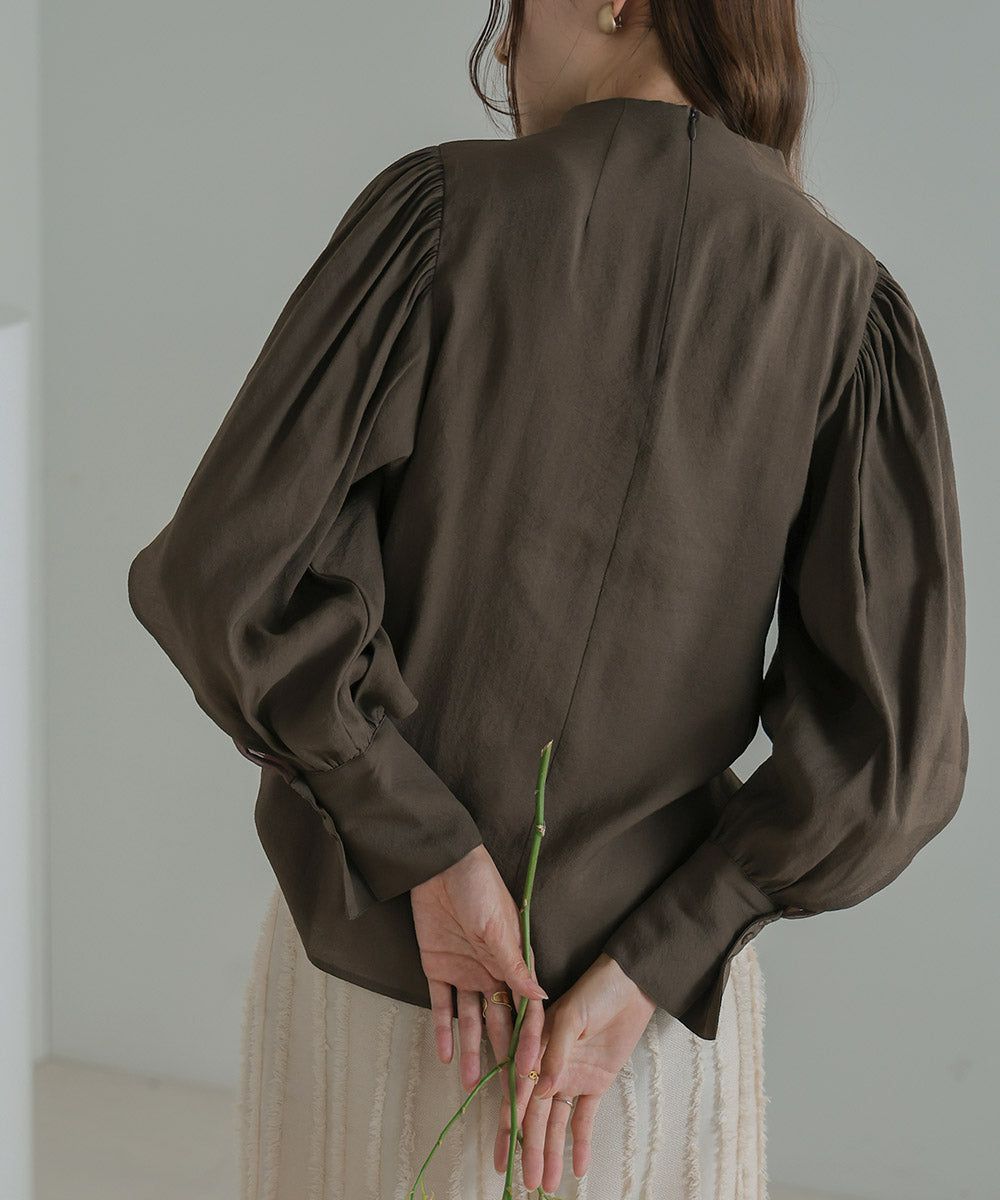 日本 Bab - 柔美紗拼接袖雪紡上衣-深可可