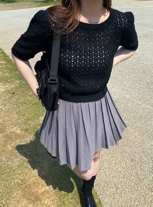 日本 GRL - 清新短版鉤針短袖上衣-冰河藍 (F)