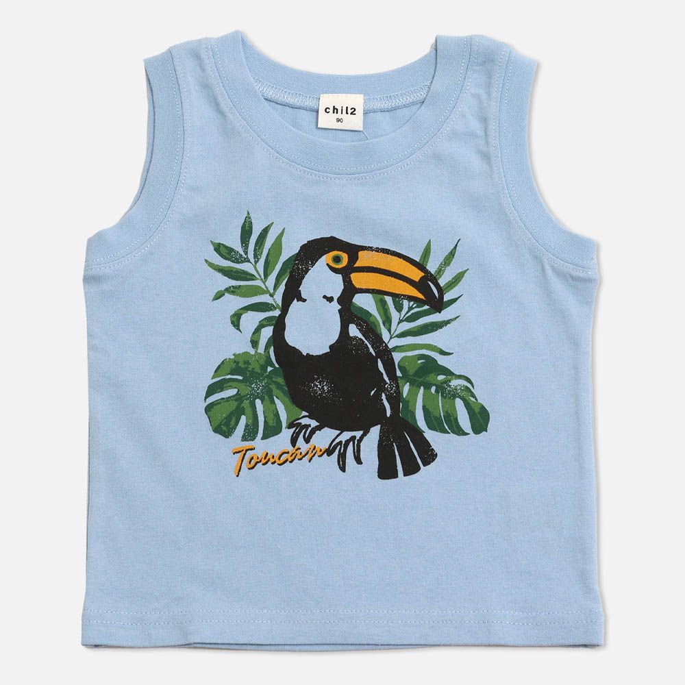 [超低價] 100%棉 童趣印花背心上衣-大嘴鳥-水藍