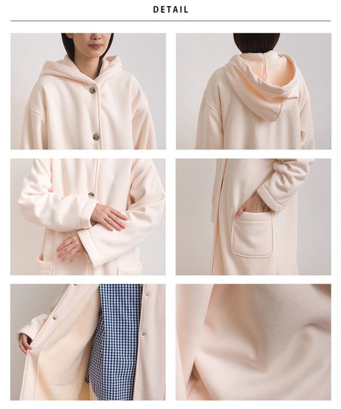 日本 OMNES - 溫暖內抓絨休閒長版連帽外套-象牙