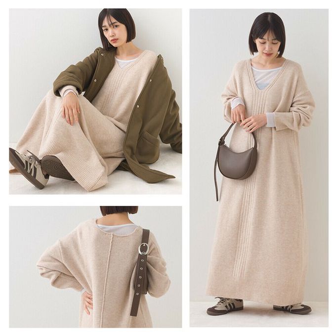 日本 OMNES - V領柔軟針織寬鬆感長袖洋裝-淺卡其