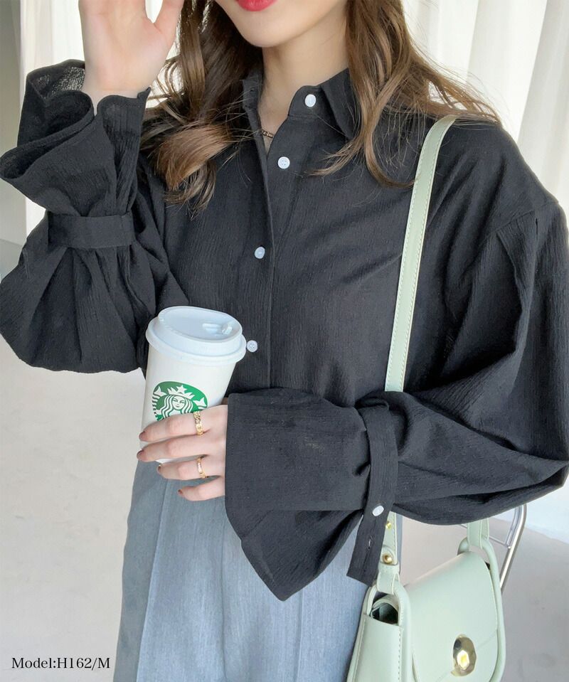 日本 Classical Elf - 氣質微透膚落肩寬袖襯衫-米白