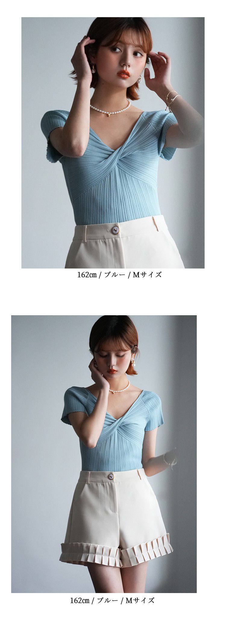 日本女裝代購 - 甜美紐結羅紋短袖上衣-粉紫