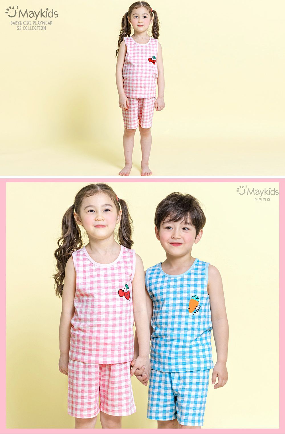 韓國 Maykids - 有機棉細柔無袖家居服-粉格子櫻桃