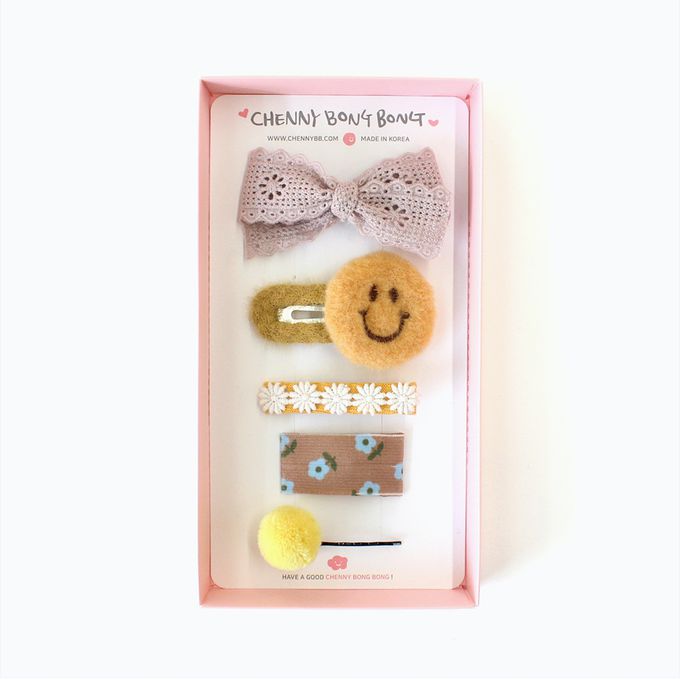 韓國 Chenny Bong Bong - 微笑臉蝴蝶結髮夾組合-黃-五入組