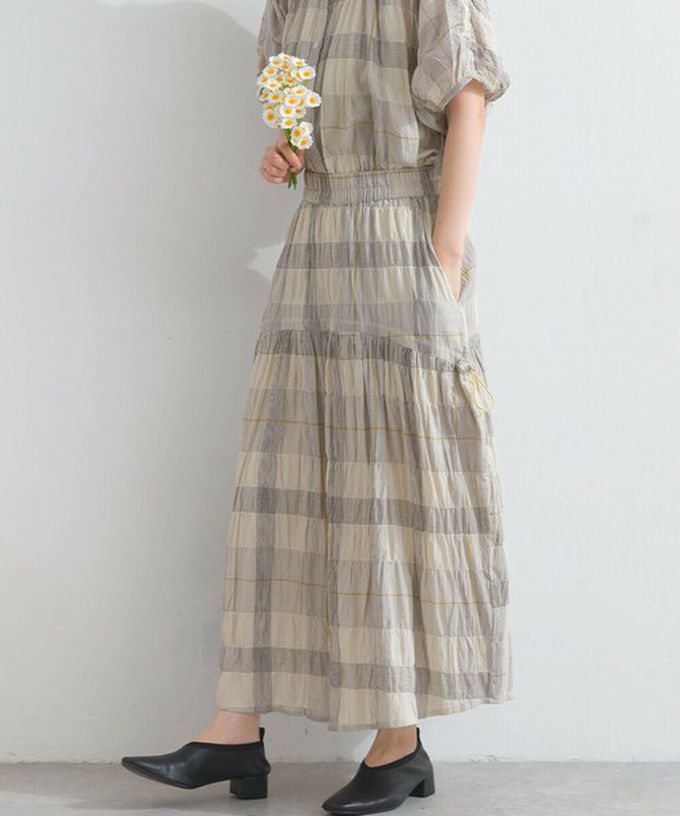 日本 Lupilien - 印度棉 皺皺文青格紋側抽繩長裙-米杏