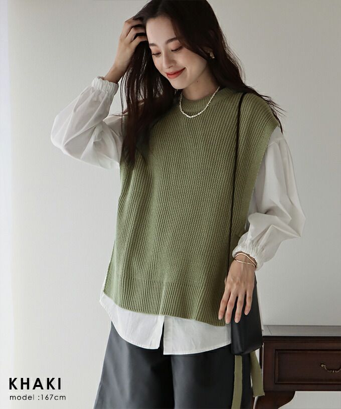 日本 BLUE EAST - 側蝴蝶結綁帶前短後長針織背心-薄荷