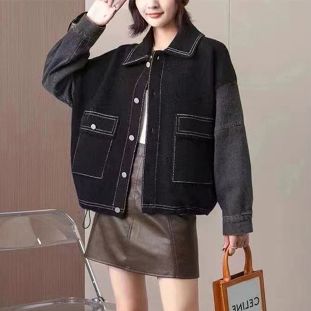 異素材帥氣縫線牛仔風挺版外套-黑 (F)