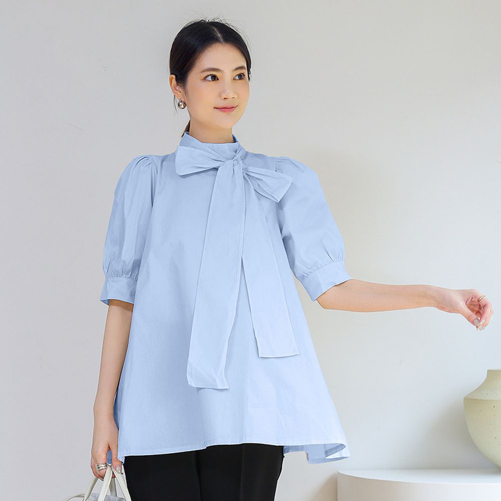 優雅小立領燈籠袖上衣-蝴蝶結-天藍色 (F)