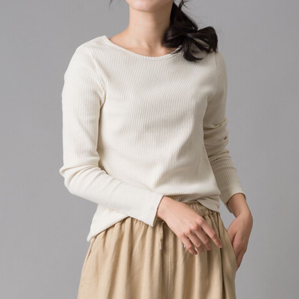 日本 OMNES - 美背後V領純棉針織長袖上衣-象牙白 (Free size)