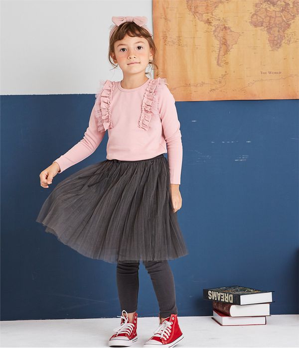 麗嬰房 Little moni - 假兩件網紗蓬裙褲-鐵灰