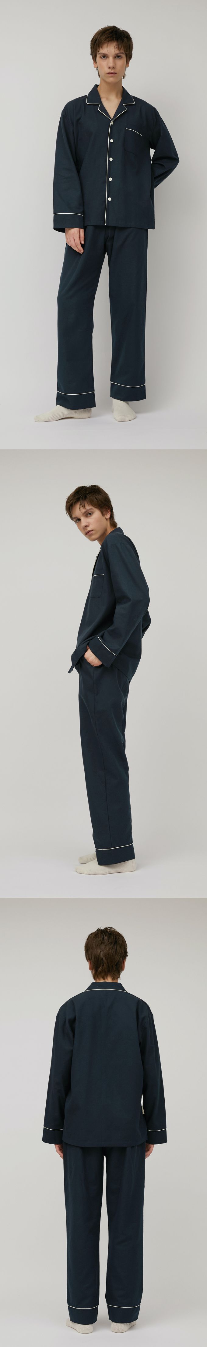 韓國 ULLALA - (情侶款)質感純色長袖睡衣套裝-男款-深藍 (FREE)