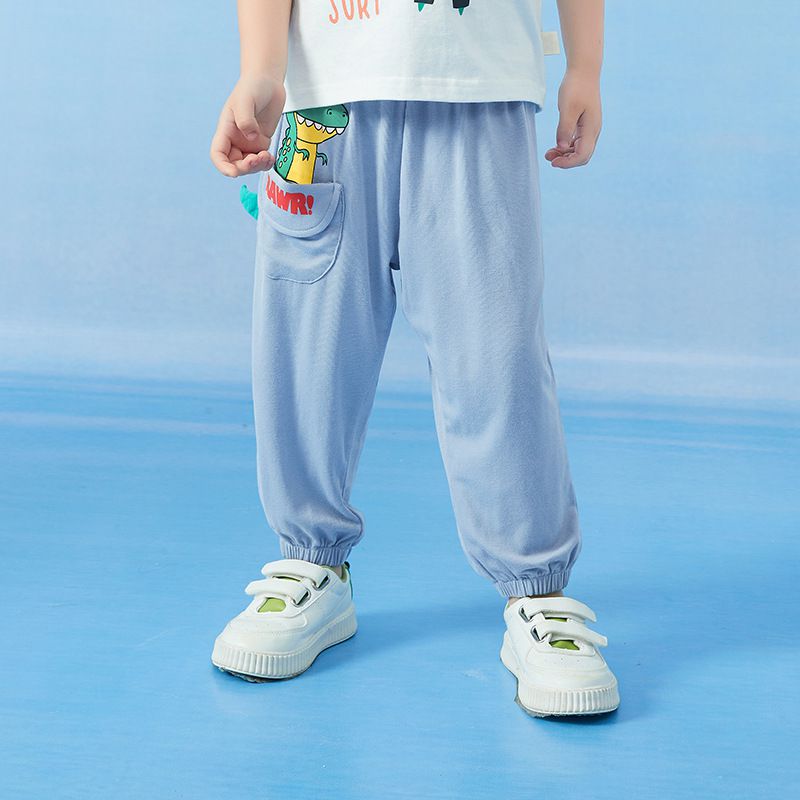 立體卡通圖束口長褲/防蚊褲-大眼睛恐龍-淺藍色