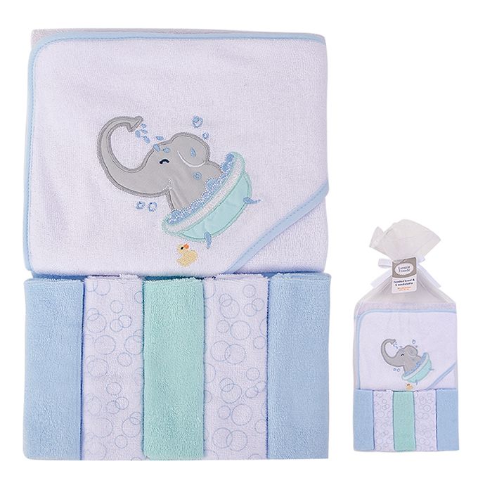 美國 Luvable Friends - 甜蜜寶貝嬰幼兒可愛動物連帽浴巾+小方巾/洗澡巾(共6入，送禮自用皆可)_76x76cm-大象洗澡