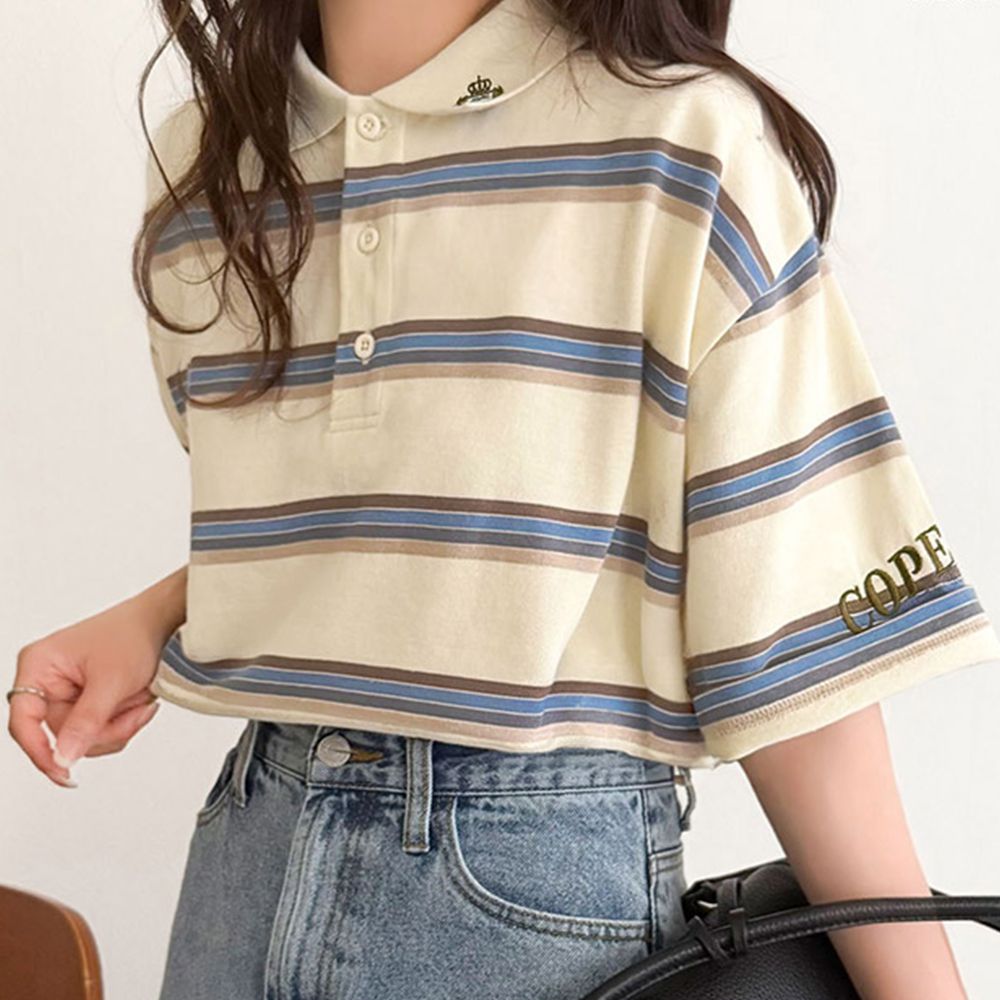 復古風休閒刺繡polo短袖上衣-象牙條紋