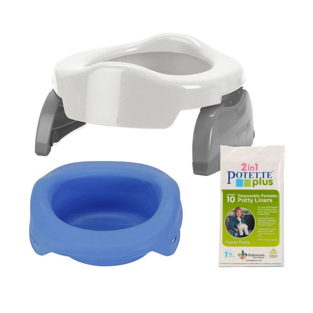 美國 Potette Plus - 可攜式馬桶-白色+摺疊式家用防漏盆-藍色+拋棄式防漏袋10入裝)
