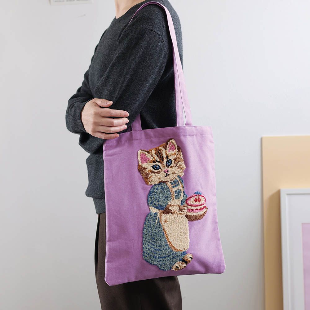 貓咪立體刺繡肩背托特包-粉紫