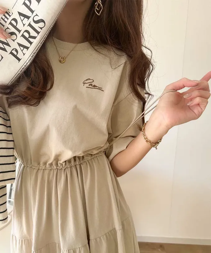 日本 Classical Elf - 純棉logo刺繡 腰抽繩分層短袖洋裝-海軍藍