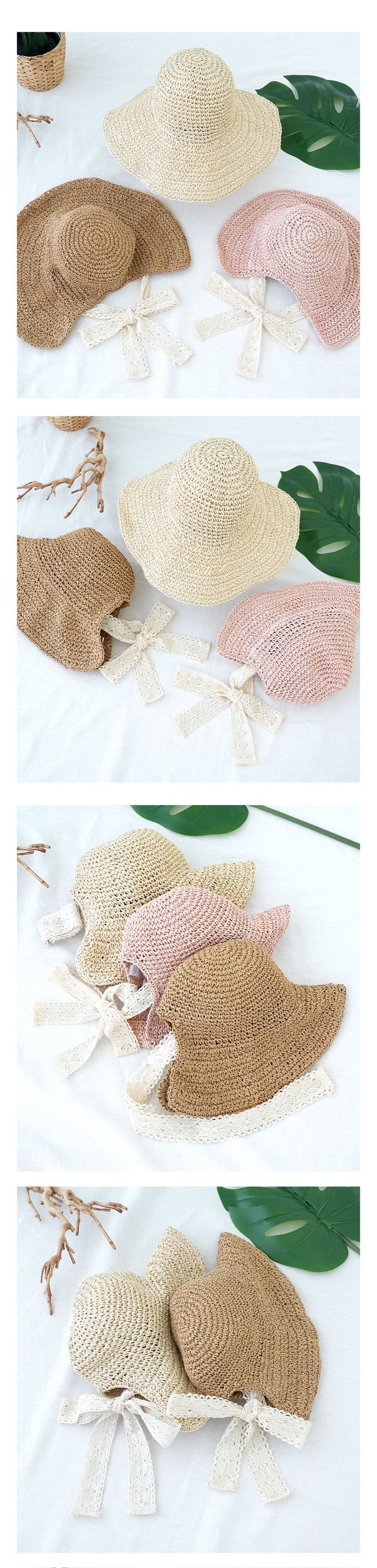 韓國 Soo&Soo - 蕾絲緞帶裝飾編織遮陽帽-奶茶咖