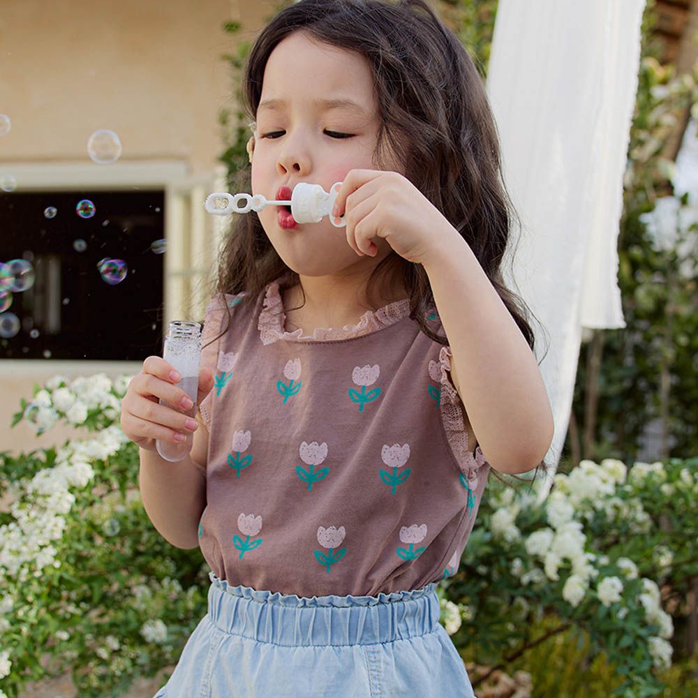 手繪鬱金香蕾絲邊背心上衣-巧克力咖